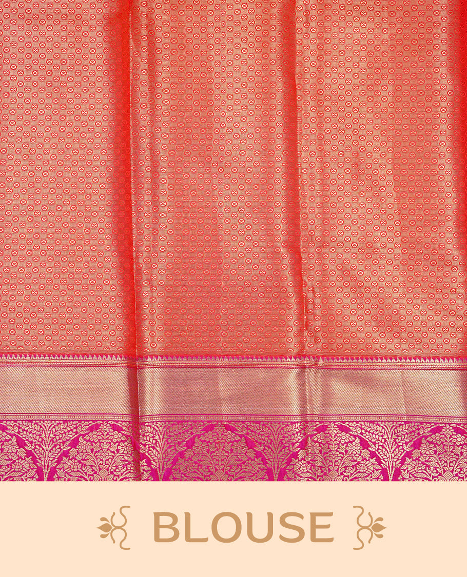 Orange & Gold Double shade Semi Tissue Silk saree featuring Light gold Kodi pattern on body, complemented by Contrast Purple with gold zari border, paired with matching blouse piece.