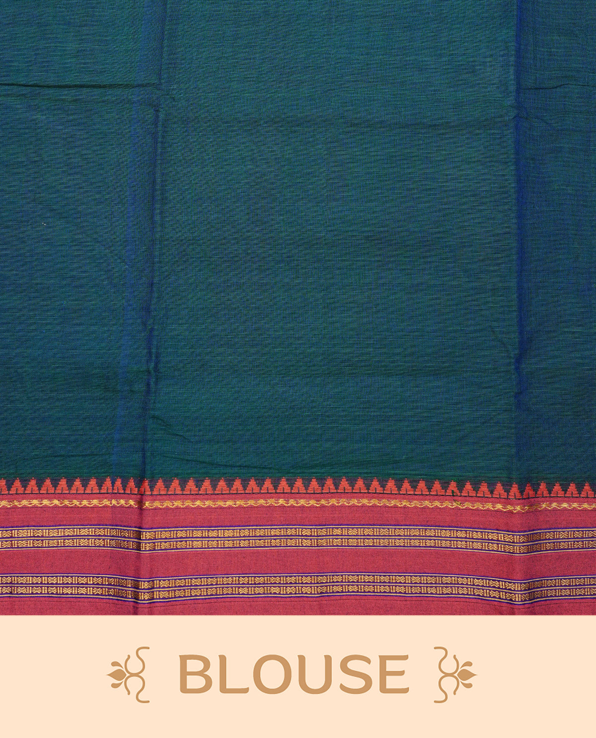 Peacock blue colour Narayanapattu cotton saree with a plain body, complemented by a Red colour with elegant gold zari detailing border & contrast striped pallu, paired with a matching blouse piece.