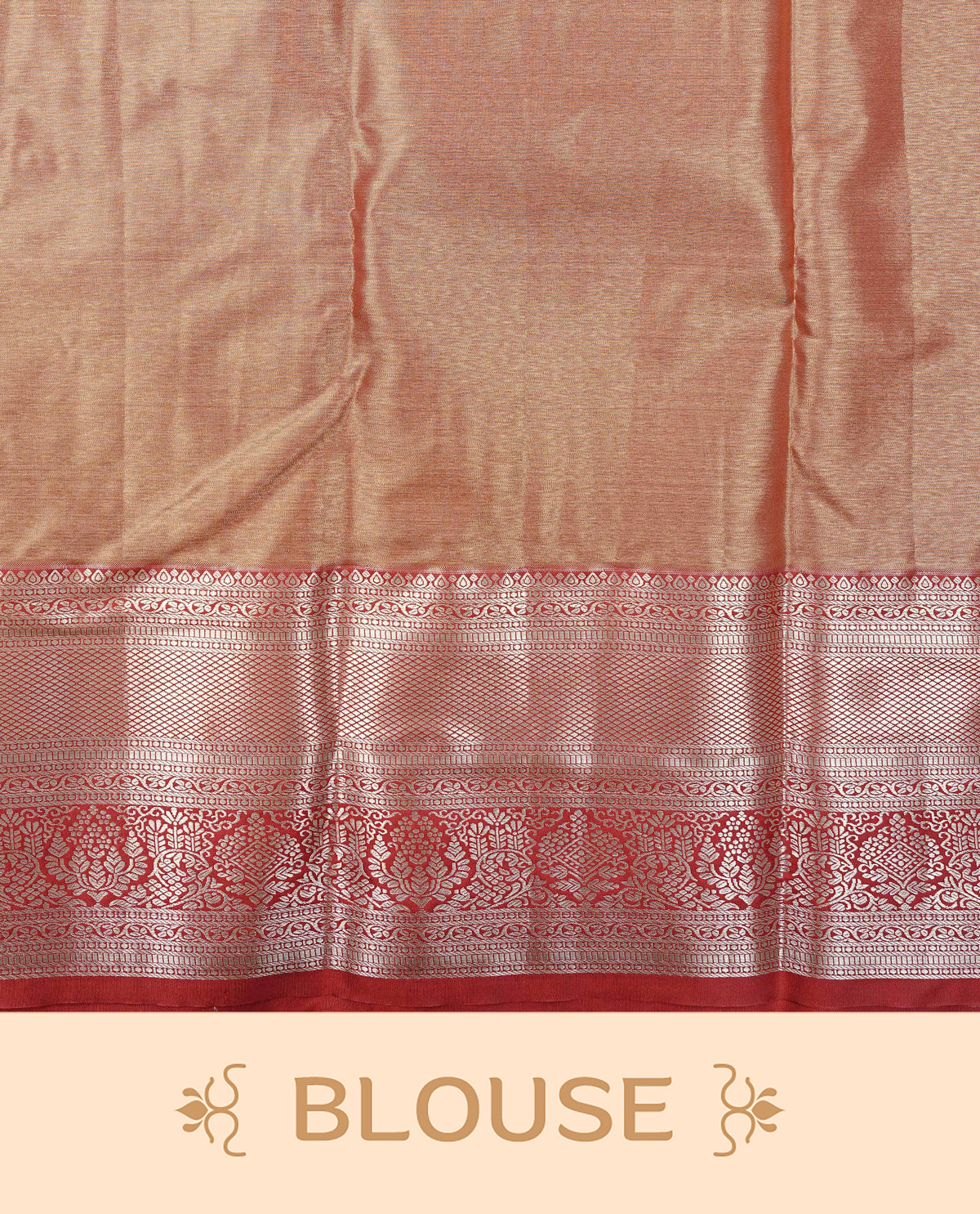 Pastel red colour Semi Tissue Silk Saree featuring Silver zari Works on the body, complemented by an intricately woven Silver zari pallu, a rich Maroon border with silver zari work and paired with a matching plain blouse piece.