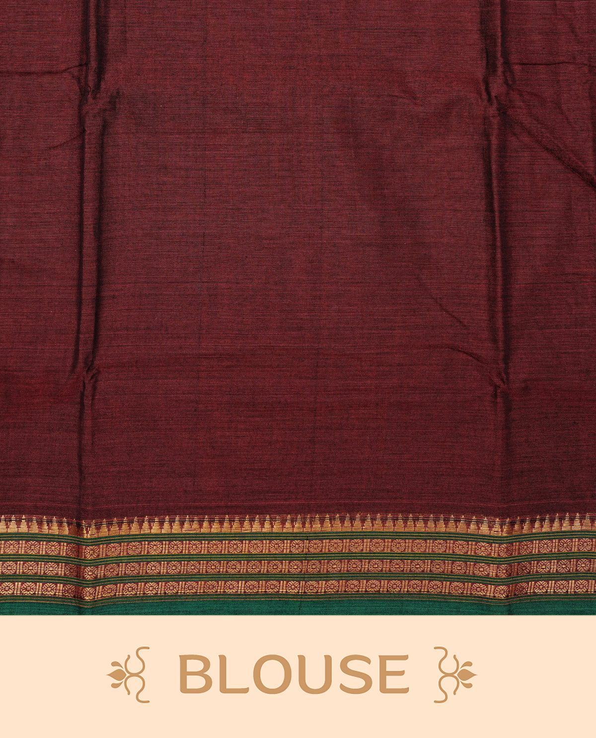 Maroon colour Narayanapattu cotton saree with a plain body, complemented by a Green colour with Gold Zari border & contrast pallu, paired with a matching blouse piece