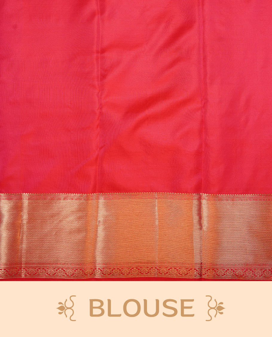 Red colour kancheepuram silk saree featuring gold zari Box pattern on body, complemented by self colour with traditional border, paired with matching blouse piece.