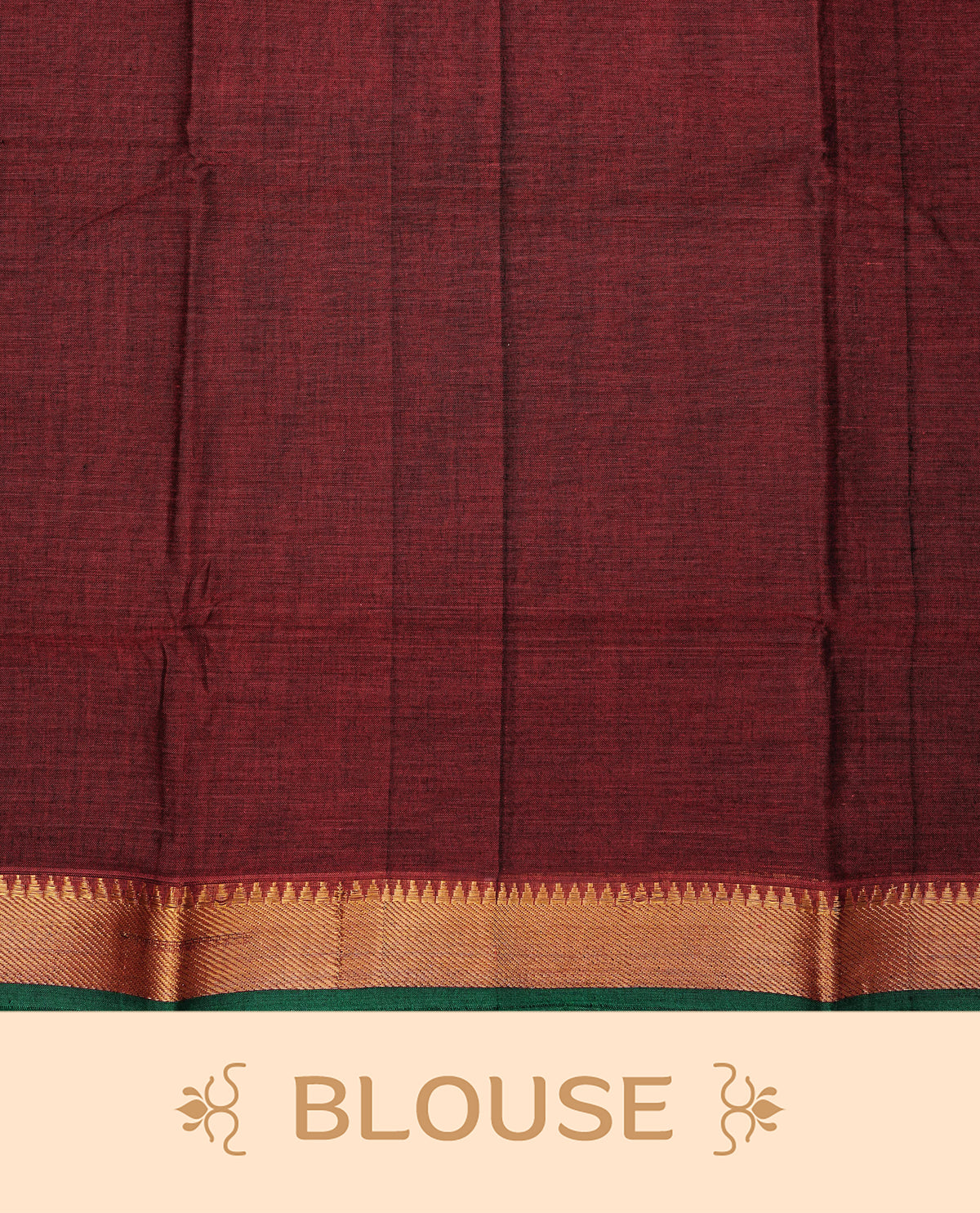 Maroon colour Narayanapattu cotton saree with a plain body, complemented by a Green colour with Gold Zari temple designed border & contrast pallu, paired with a matching blouse piece