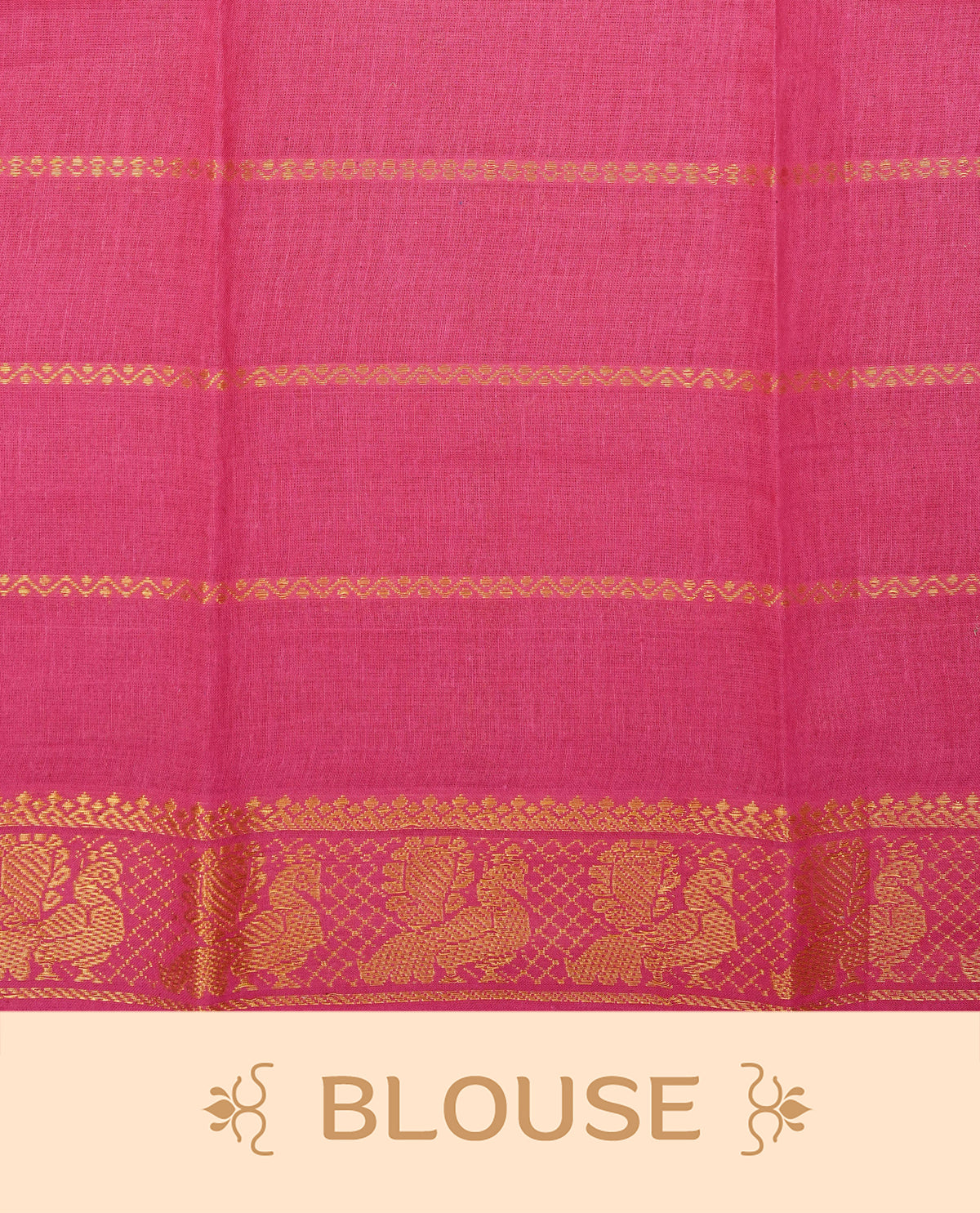 Purple Colour Sungudi Cotton Saree with peacock gold zari stripes on the body, a matching gold zari border, and a striped gold zari pallu. Paired with a contrast Magenta blouse piece featuring gold zari work.