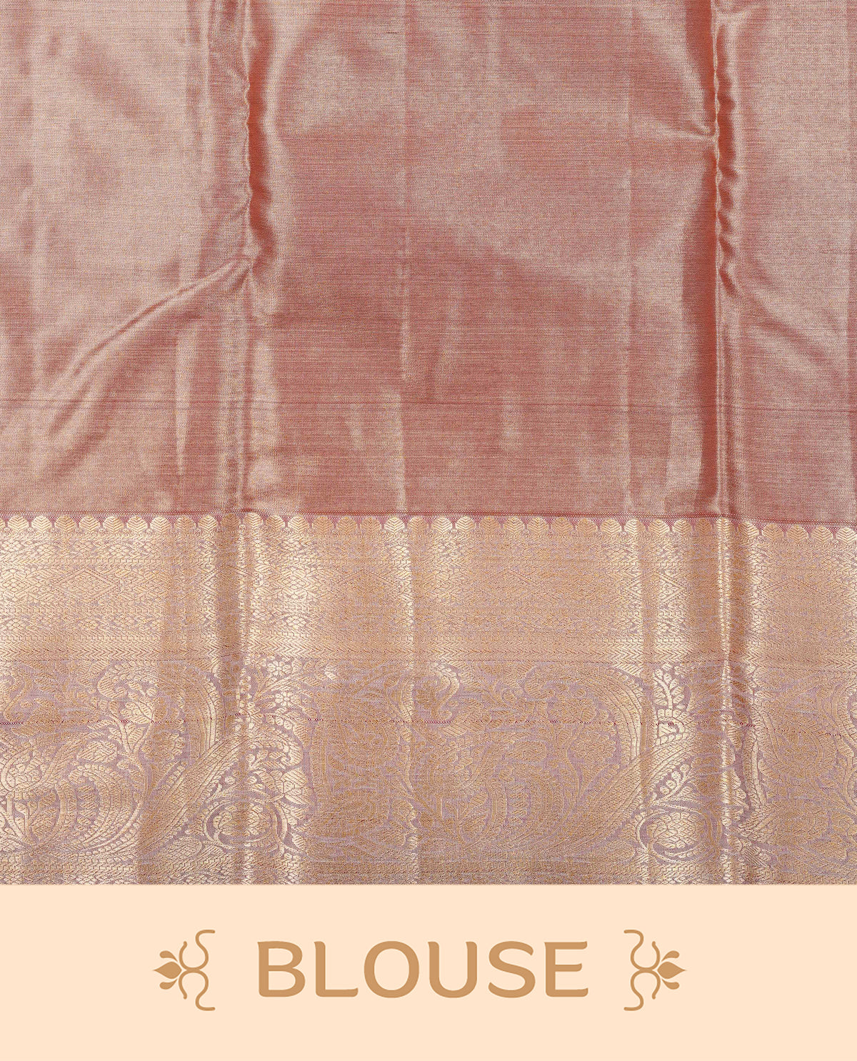 Pastel Red colour Semi Tissue Silk Saree featuring gold zari Works on the body, complemented by an intricately woven gold zari pallu, a rich baby pink border with gold zari work and paired with a matching plain blouse piece.