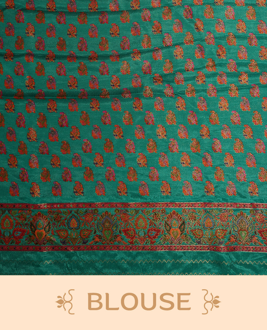 Dark teal blue colour Pashmina silk saree densely woven with intricate multicolour floral motifs across the body, framed by an opulent arabesque border and grand storytelling pallu, paired with a matching woven border blouse piece