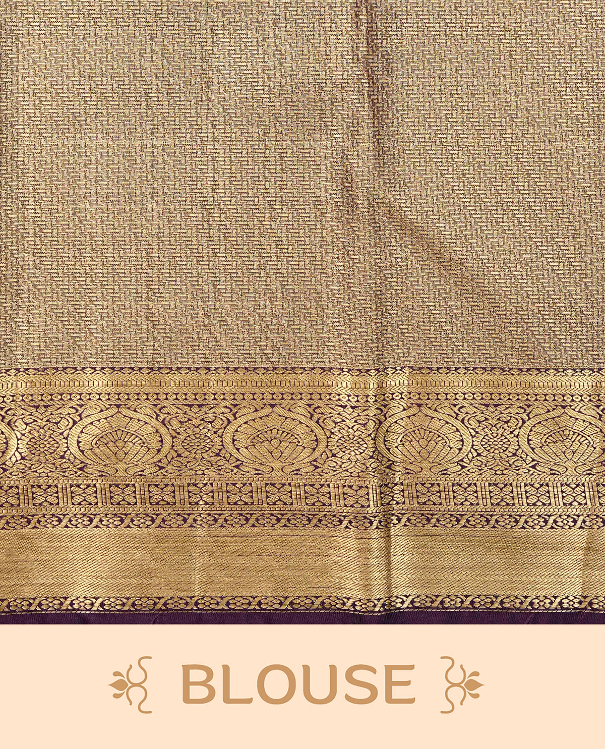 Light Green Colour Semi Tissue Silk Saree featuring Gold Zari Checks with elephant & peacock buttas on the body, complemented by an intricately woven gold zari pallu, a rich Purple and gold zari border, and paired with a matching plain blouse piece