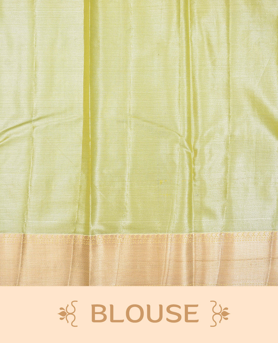 Pale Yellow colour Semi tissue silk saree featuring Silver zari kodi floral motifs on body, Self colour with traditional border, paired with matching blouse piece.