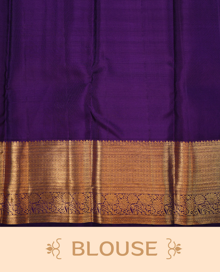 Indigo colour kancheepuram silk saree featuring gold zari floral kodi pattern on body, complemented by self colour with traditional border, paired with matching blouse piece.