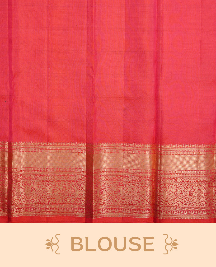 Brick red colour traditional kancheepuram silk saree featuring gold zari check pattern on body, complemented by self colour with gold zari traditional border, paired with matching blouse piece.