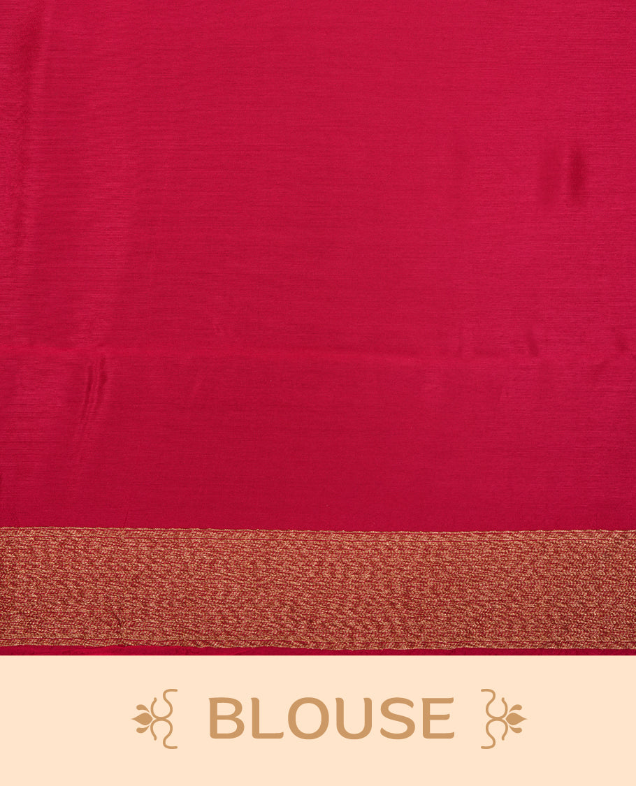 Deep Meganta colour semi banaras tussar georgette saree featuring antique gold zari motifs on body, temple pattern on border and floral pattern on pallu, paired with matching blouse piece.