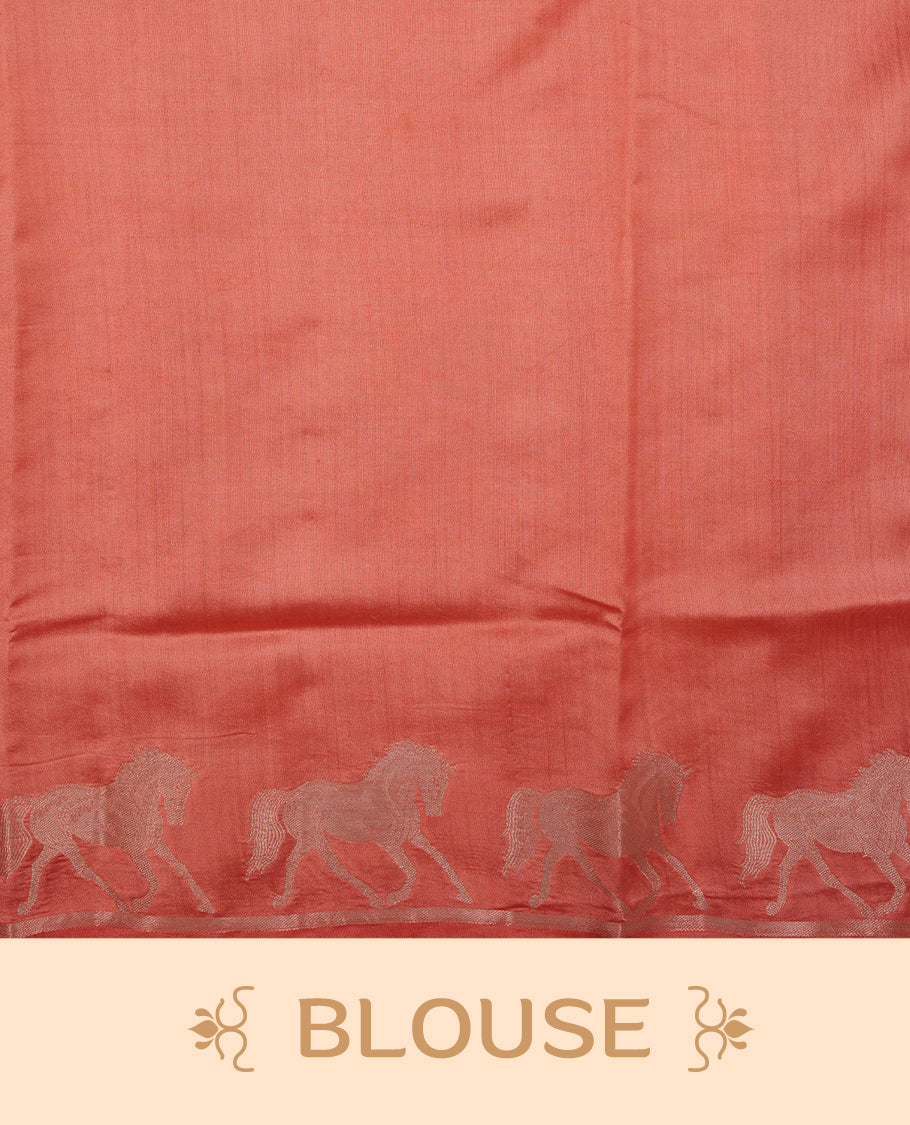 Pastal peach colour banaras soft silk saree featuring silver zari dotted stripes on body, self colour border with silver horse pattern, pallu and paired with matching blouse.