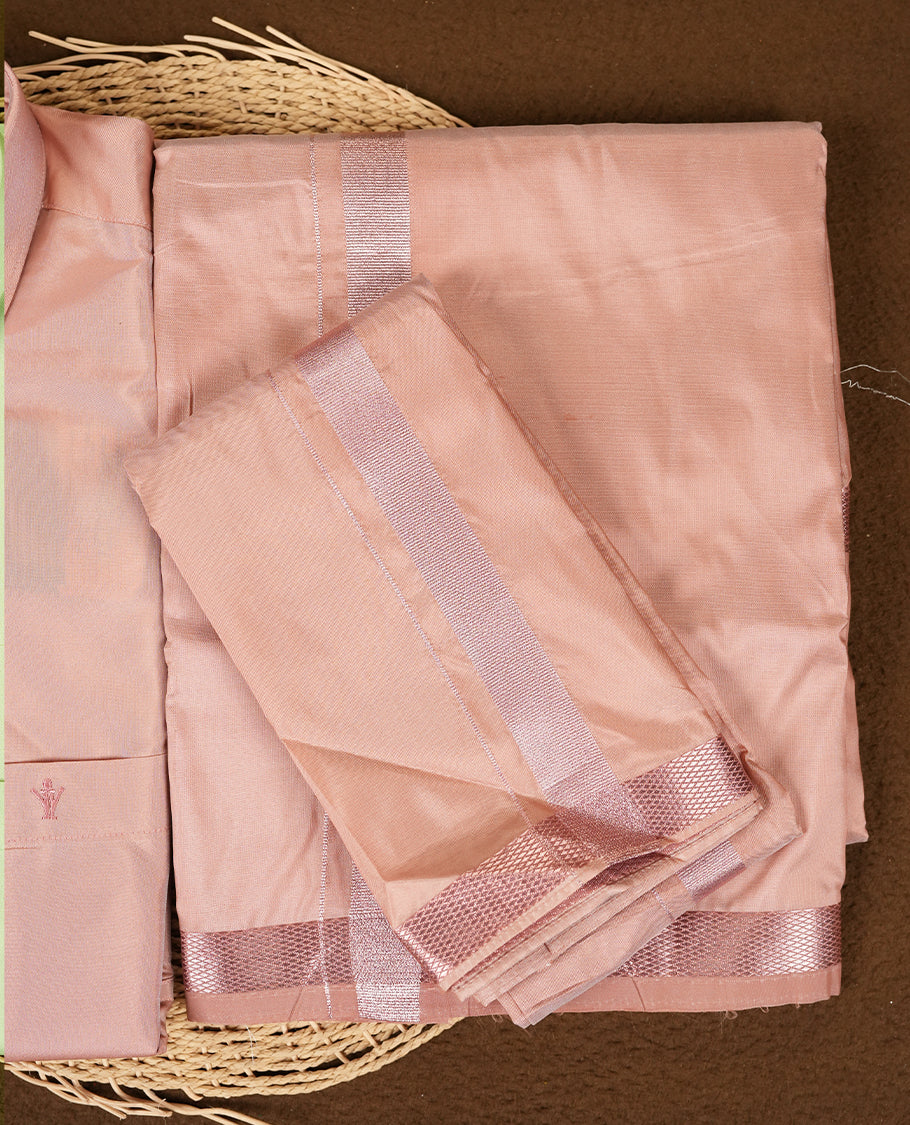 RAMRAJ Pink Colour kurtha paired with a pink dhoti and a pink towel, elegantly finished with a matching Rose Gold border.