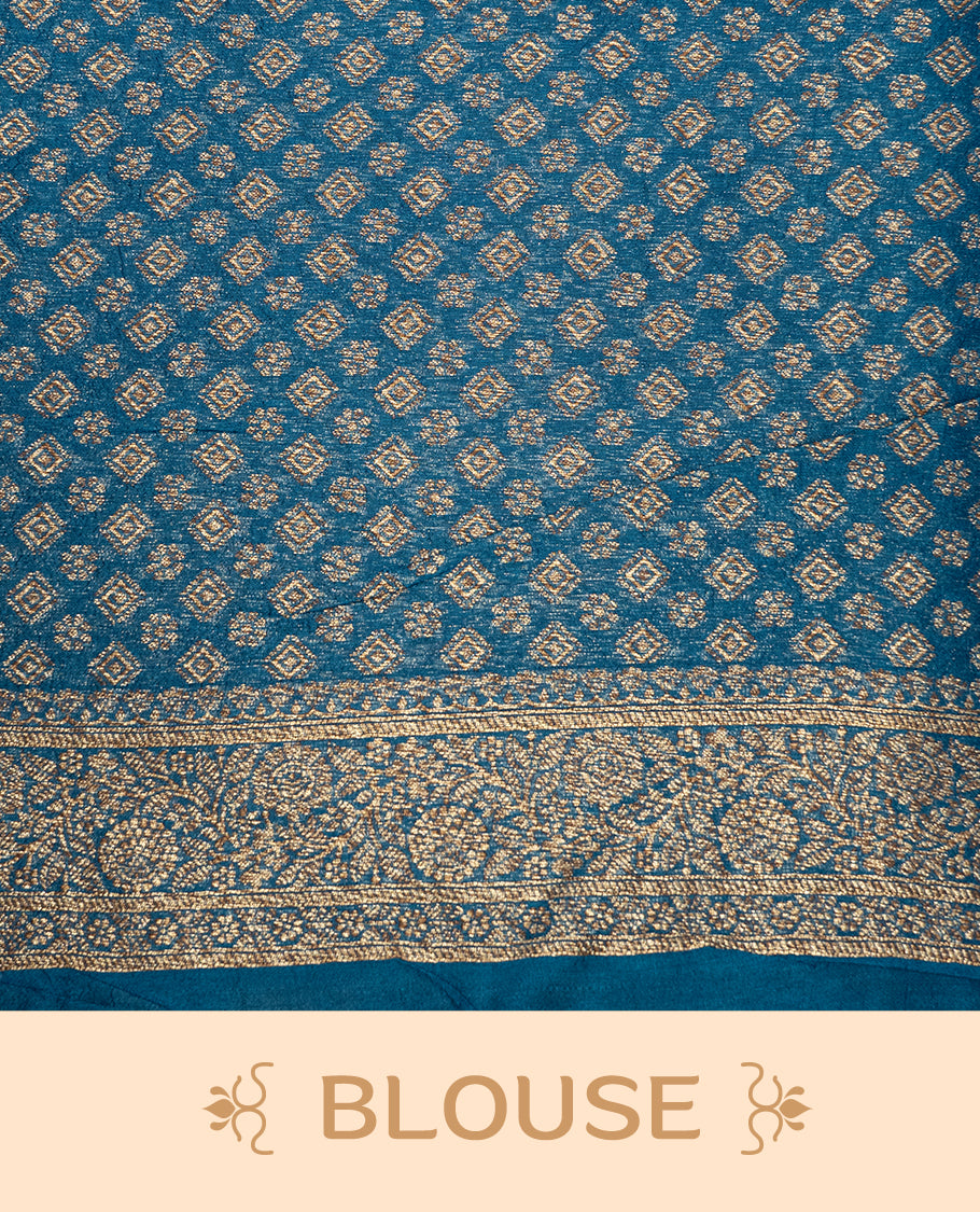 Light aqua colour Semi banaras tussar georgette Saree featuring Antique zari motifs on body, enhanced with antique zari border, paired with a matching blouse piece.