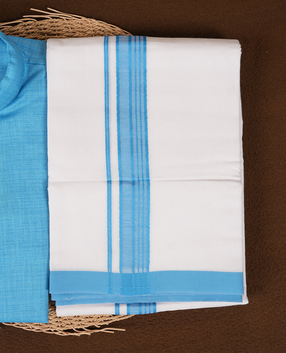 RAMRAJ Sky Blue Colour shirt paired with a matching dhoti, elegantly finished with a Sky Blue zari border.