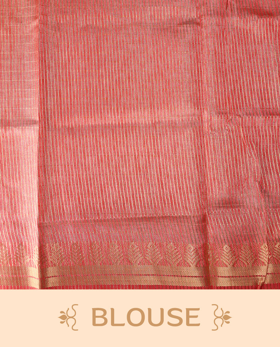 Peach Pink colour saree featuring subtle golden woven motifs on the body, complemented with a rich golden zari border and pallu, and paired with a matching blouse