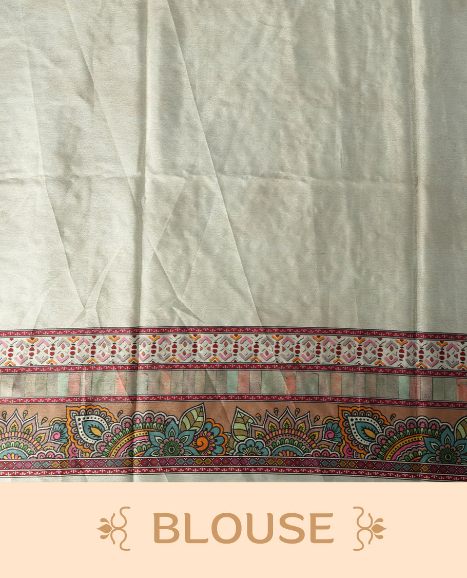 Off white colour saree with subtle polka dots, adorned with ornate multicolored borders and a traditional paisley pallu & Paired with a matching blouse.