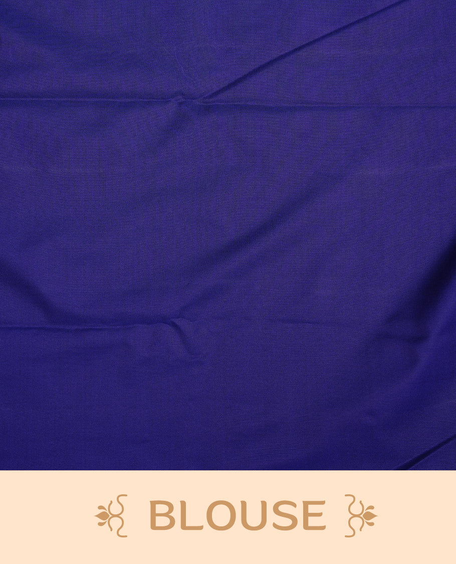 Navy Blue colour semi wedding saree featuring gold zari elephant & peacock motif on check pattern on body, complemented by self colour with traditional border, paired with matching blouse piece.