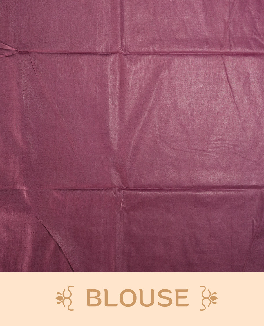 Mauve colour semi jute saree adorned with subtle thread motifs across the body & Features a soft sheen, woven geometric pallu, sleek border, and comes with a matching blouse piece for a graceful ensemble.