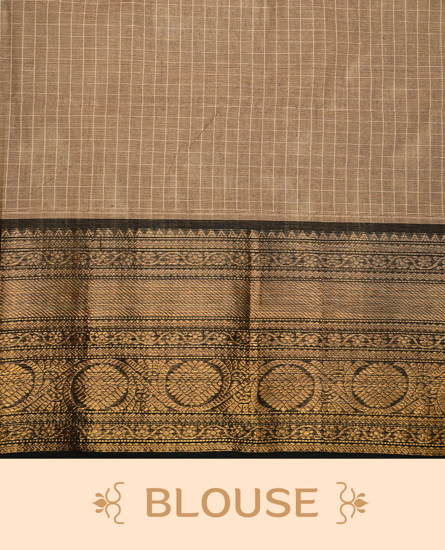 Cream tan colour chettinad cotton saree featuring gold zari motifs on body, complemented by Black colour with zari border, paired with matching blouse piece.