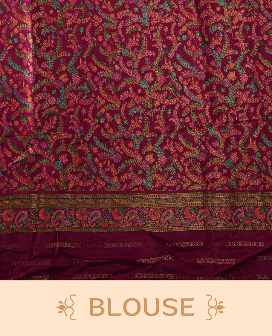 Cream Pashmina Silk Saree with Plain Body, Vibrant Multicolor Embroidered Elephant, Peacock, and Horse Motifs on Pink-Green Zari Border & Grand Pallu, Paired with Matching Blouse Piece