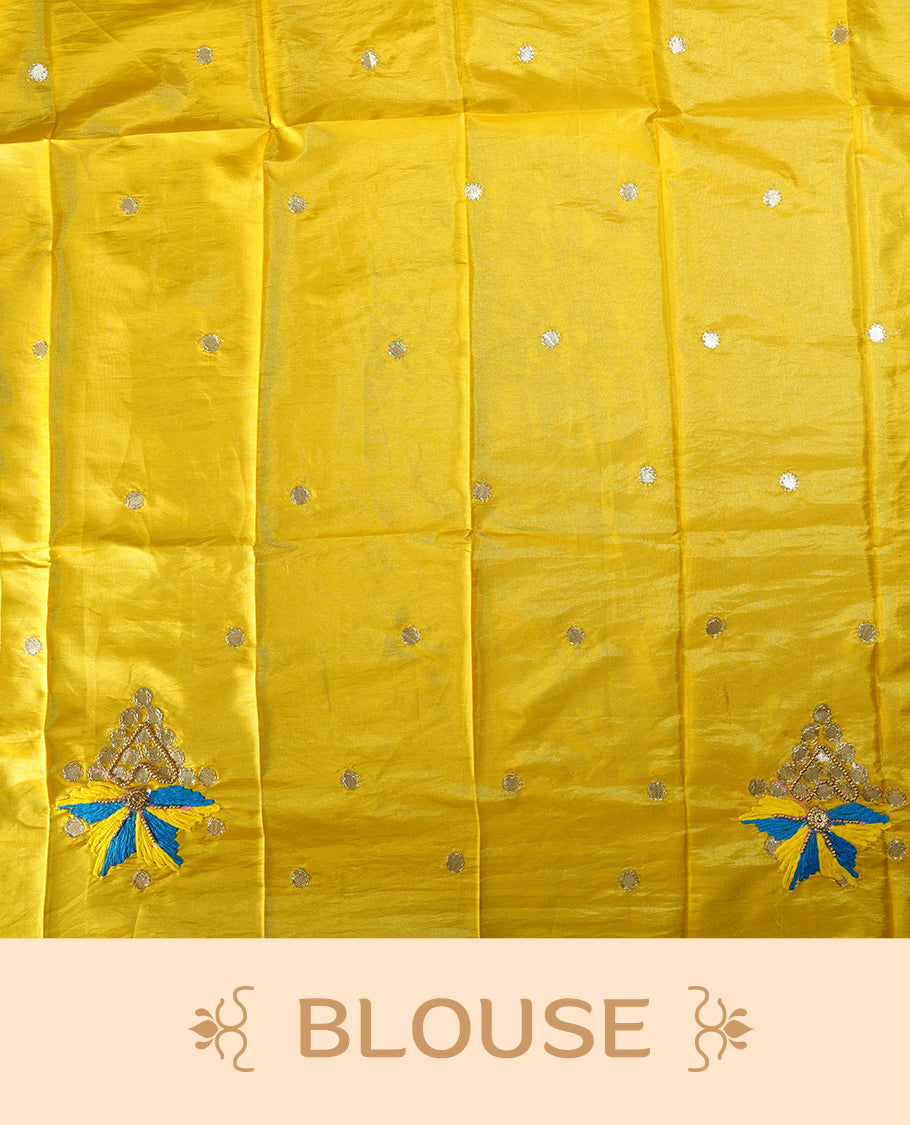 Sky blue colour saree with vibrant yellow floral prints and a soft striped border & Includes matching blouse piece.