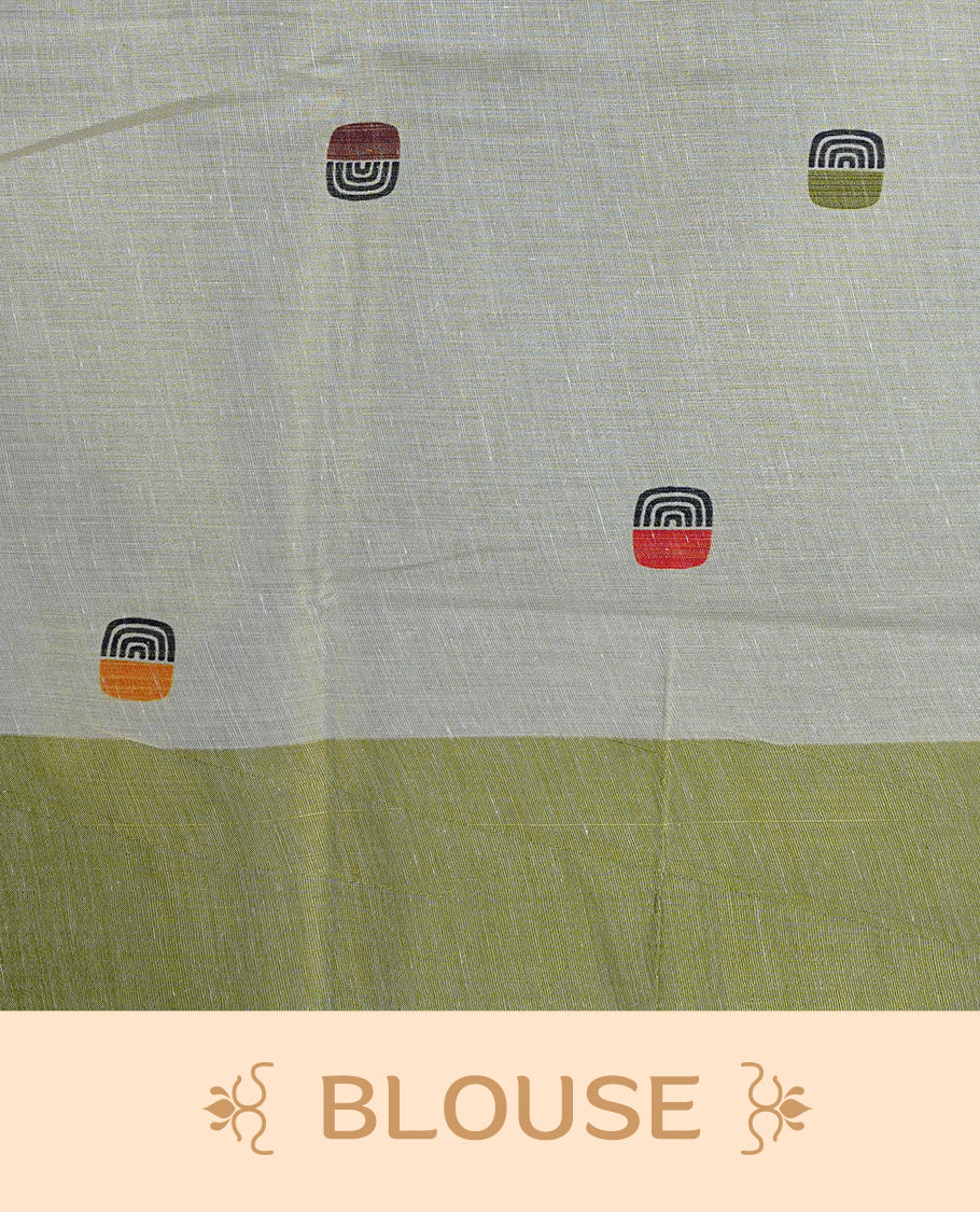 Cream Colour Tissue Kerala Saree Featuring A Classy Multicolour Box Pattern On The Body, Styled With A Green And Gold Zari Border And Pallu, Paired With A Matching Blouse Piece.