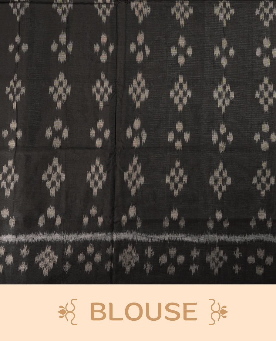 Black colour Ikkat Pochampally saree featuring bold geometric motifs in beige, white, and grey with a striking contrast border, beautifully blending tradition with elegance, Comes with matching blouse.