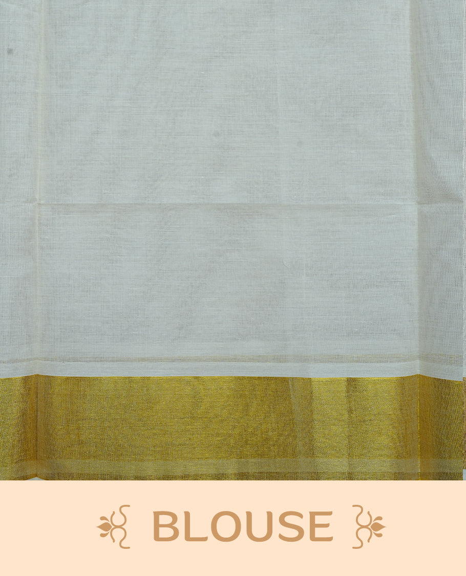 Cream Colour Cotton Kerala Saree Featuring Delicate Gold Leaf Pattern Across The Body, Enhanced With A Traditional Gold Zari Border, A Gold Peacock Motifs & Striped Gold Zari Pallu, Finished With A Matching Blouse Piece