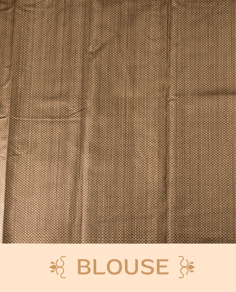 Deep Brown colour saree featuring prints all over the body, complemented by a sleek woven border and pallu, and paired with a matching blouse