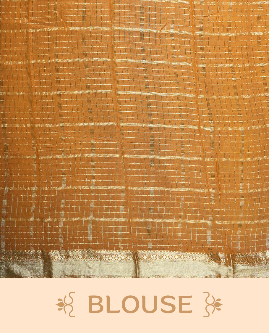 black colour mixed chanderi cotton saree with golden checkered body, mustard orange pallu with golden zari border, matching blouse.