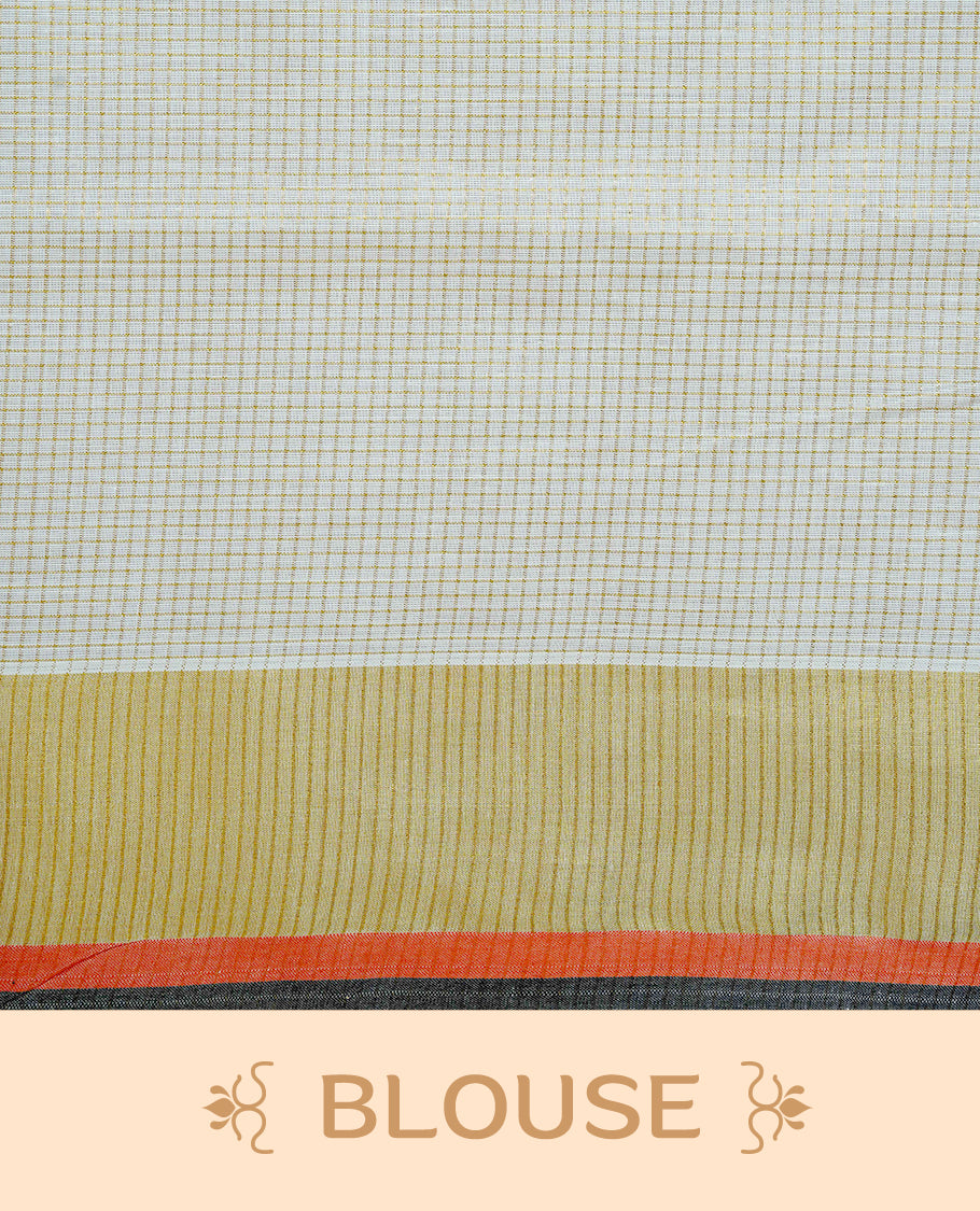 Cream colour cotton Kerala saree Featuring Gold zari Checks across the body, complemented by Classy gold zari with an orange & black Border & pallu, paired with a matching blouse piece.