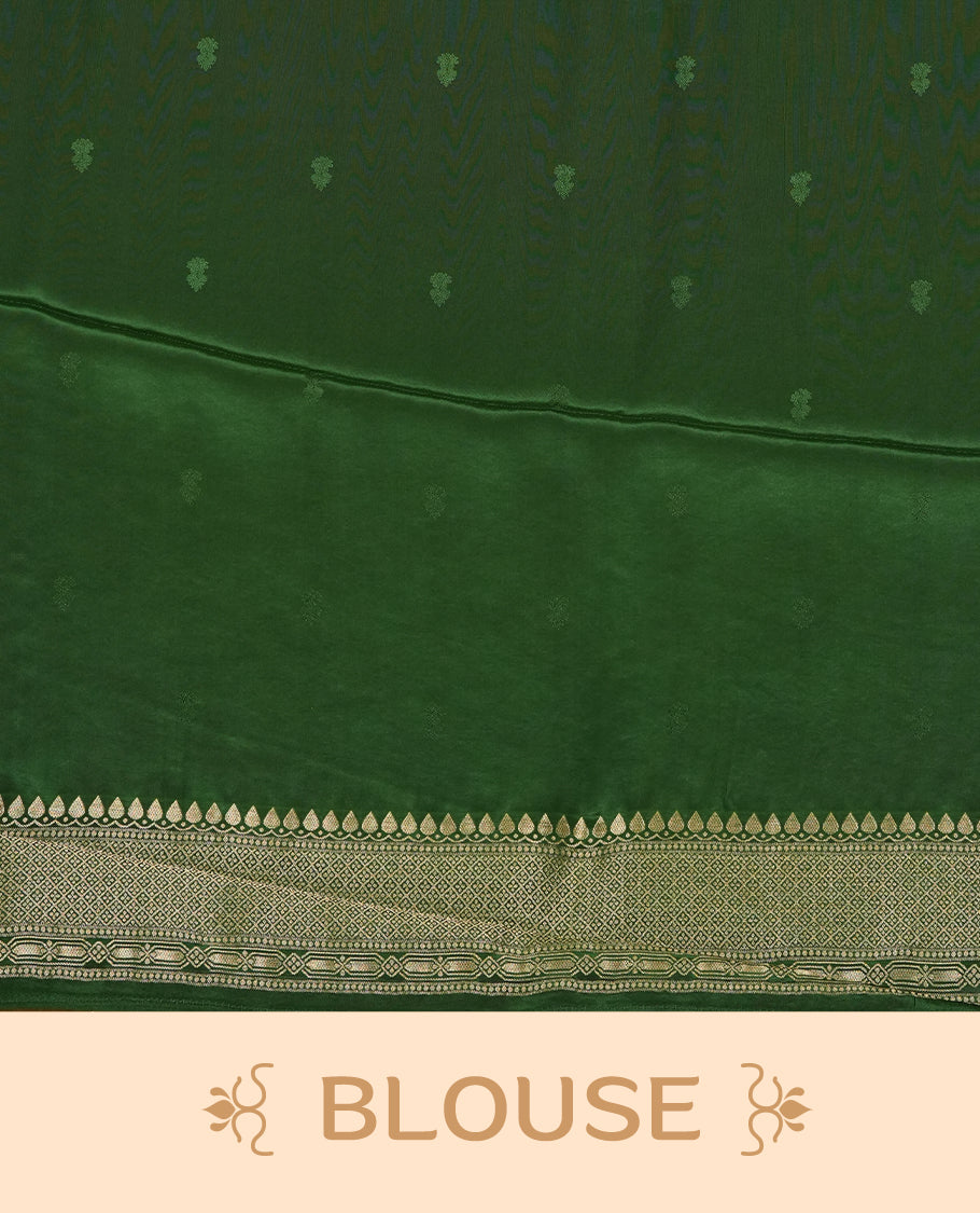 Dark Green colour Mysore Crepe Silk saree fearturing gold Zari kodi visiri & Animal brocade pattern on body and self colour border paired with matching blouse