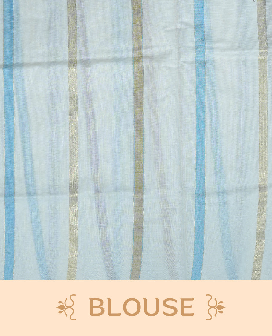 Cream Colour Cotton Kerala Saree Featuring Light Blue & Gold Zari Strips On The Body & Pallu, Paired With A Matching Blouse Piece.