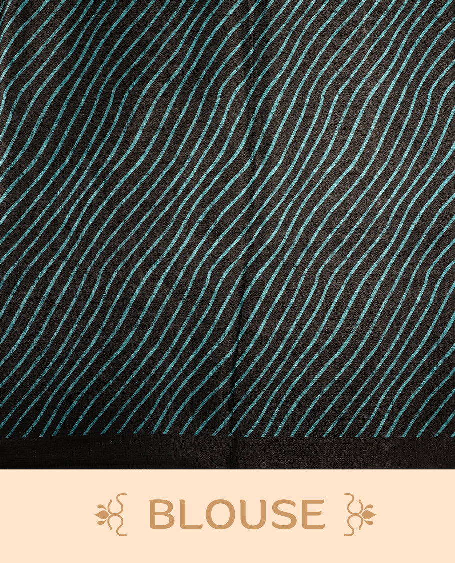 Elegant teal and black saree with abstract stripes and tassel detailed pallu & Perfect for festive and party occasions. Includes unstitched blouse piece. Style with minimal jewelry for a chic look.