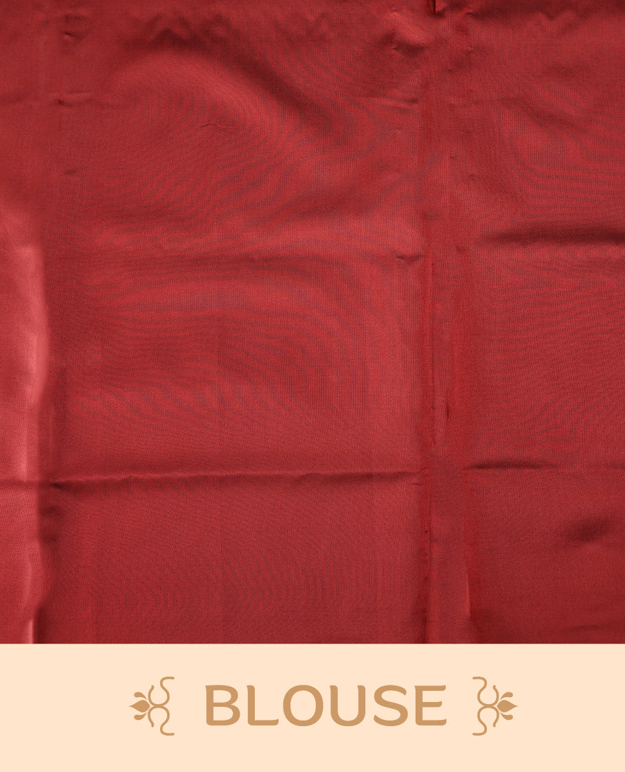 Maroon and green Ikat silk saree featuring intricate woven geometric and floral motifs across the body and pallu, complemented with a golden brown zari border and tassels, paired with a matching blouse piece.