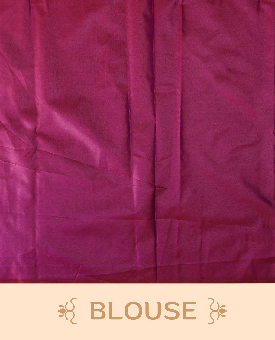 Pink colour semi silk saree featuring intricate golden zari floral motifs across the body, complemented by a rich maroon woven border and pallu, paired with a matching blouse.