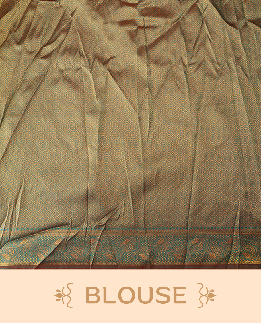 Chic semi stitched dhavani in cream and teal silk with delicate zari motifs and a rich pallu & A perfect choice for traditional celebrations, blending elegance with customizable comfort and grace.