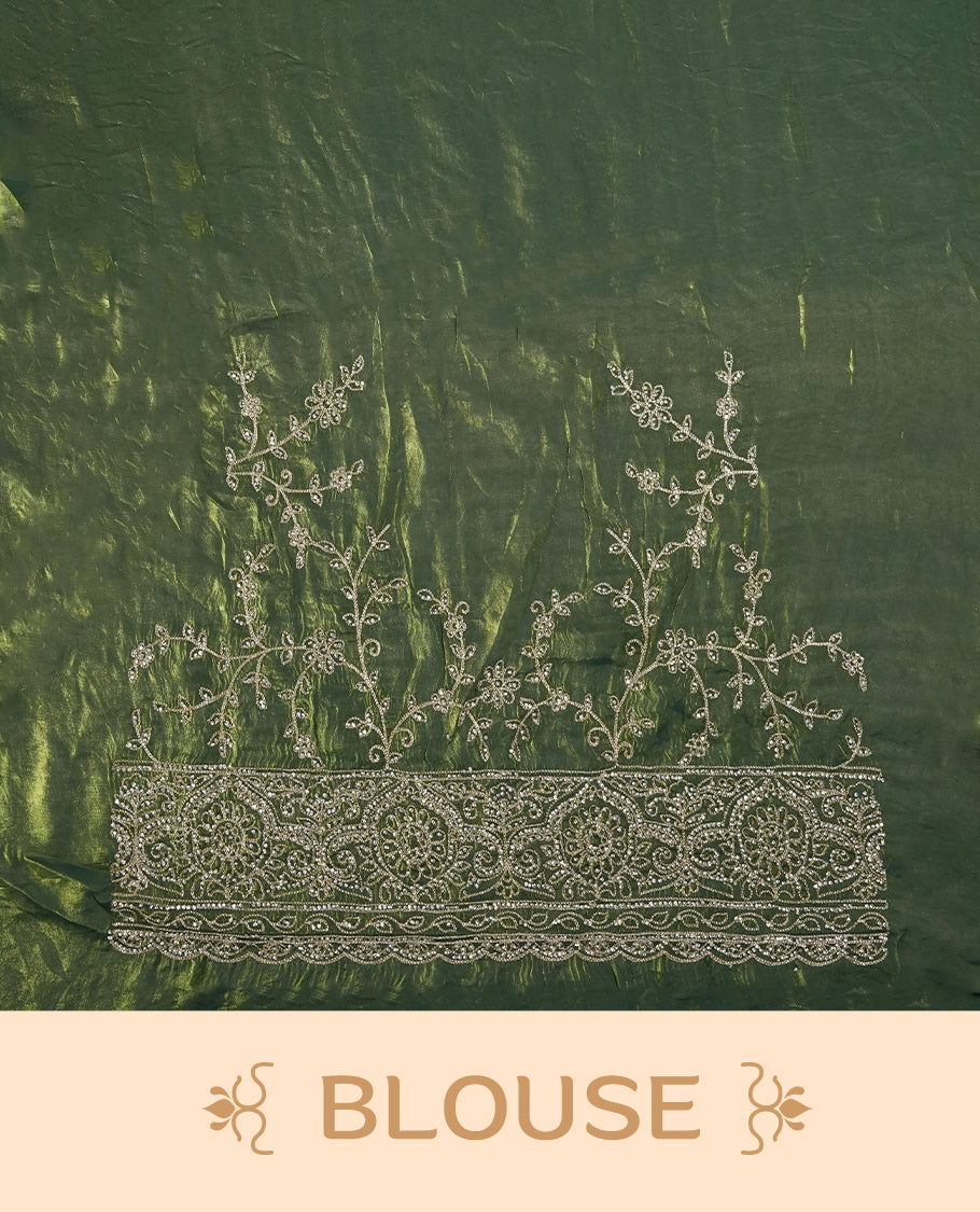 Pista green colour velvet chiffon designer saree in elegant two tone shades, featuring light gold zari, kodi work with handwoven style thread aari & dori embroidery work, Swarovski stone work and all over motifs, comes with matching blouse.