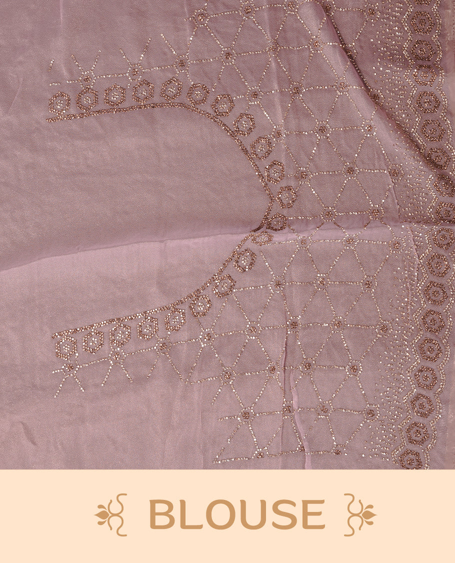 Lavender colour designer saree featuring gold & white stone worked body and border, paired with matching blouse piece.