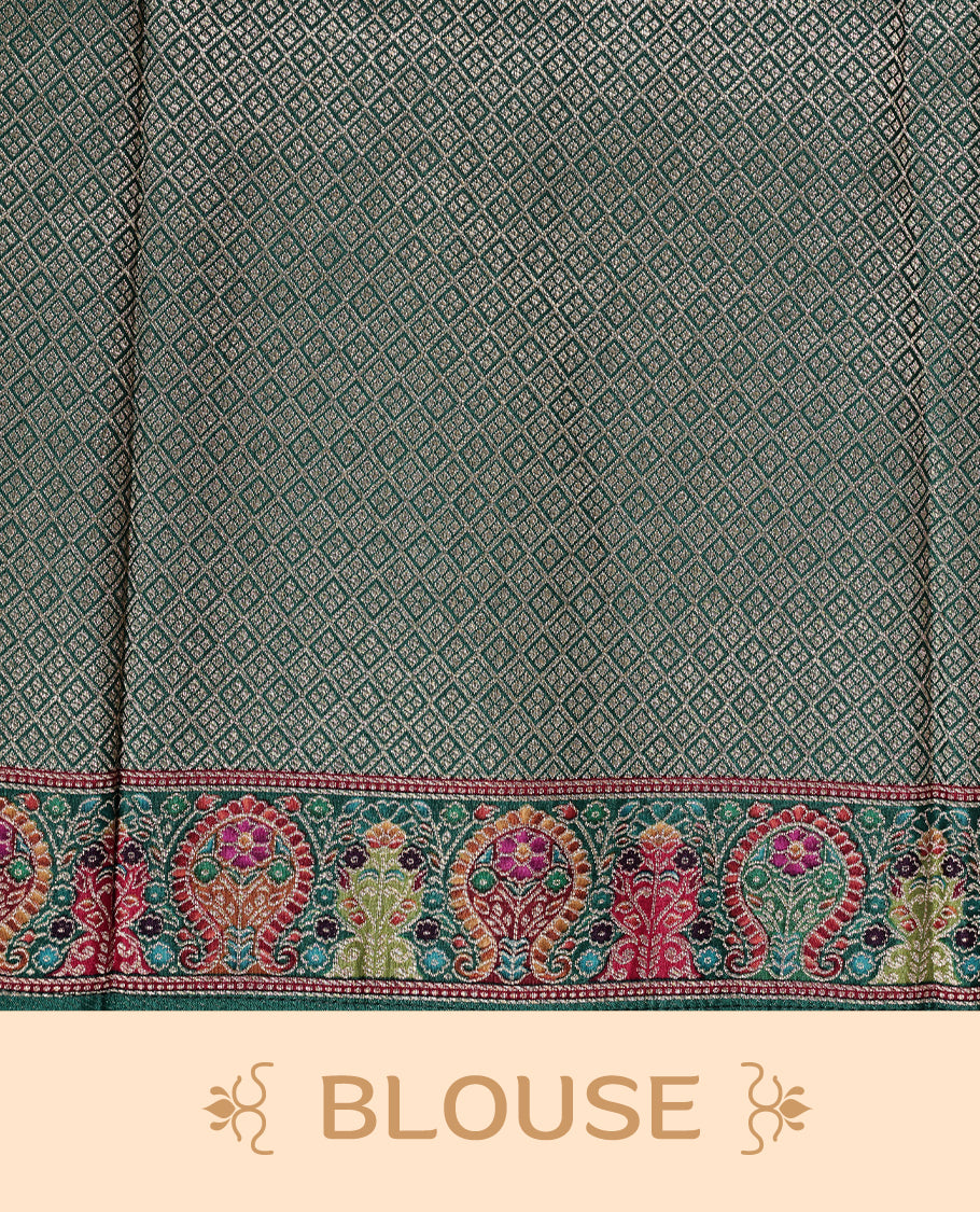 Deep Purple Pashmina silk saree featuring floral Pattern body, complemented by red border with multi colour Peacock & floral motifs, complete with matching blouse piece.