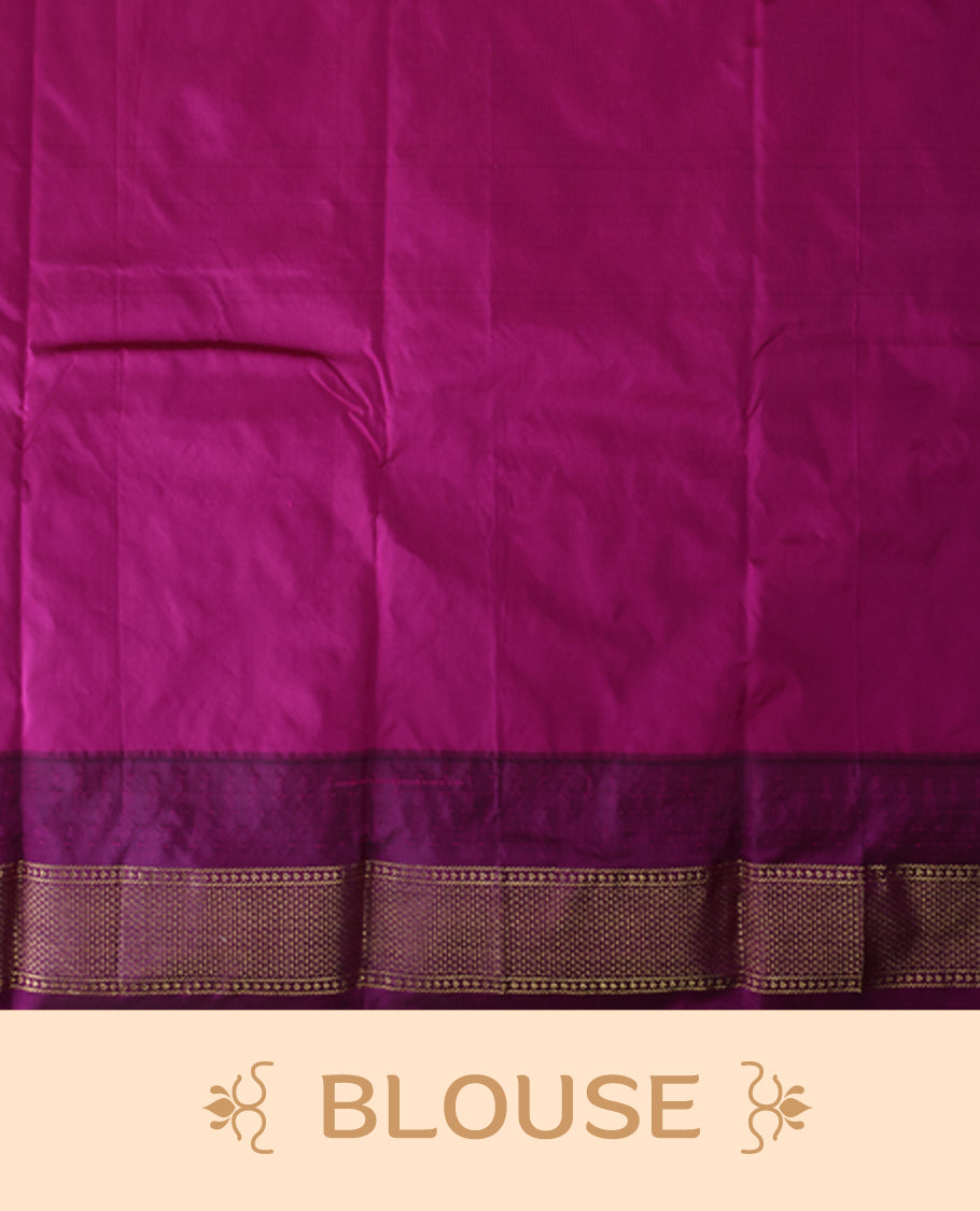 Deep green semi silk saree with plain body, vibrant deep magenta pallu and matching magenta border adorned with golden zari, accented with temple motifs along the edges, Paired with a matching blouse, perfect for festive occasions.