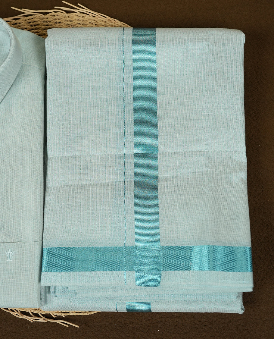 RAMRAJ Cyan Colour shirt paired with a matching dhoti, elegantly finished with a gold border.