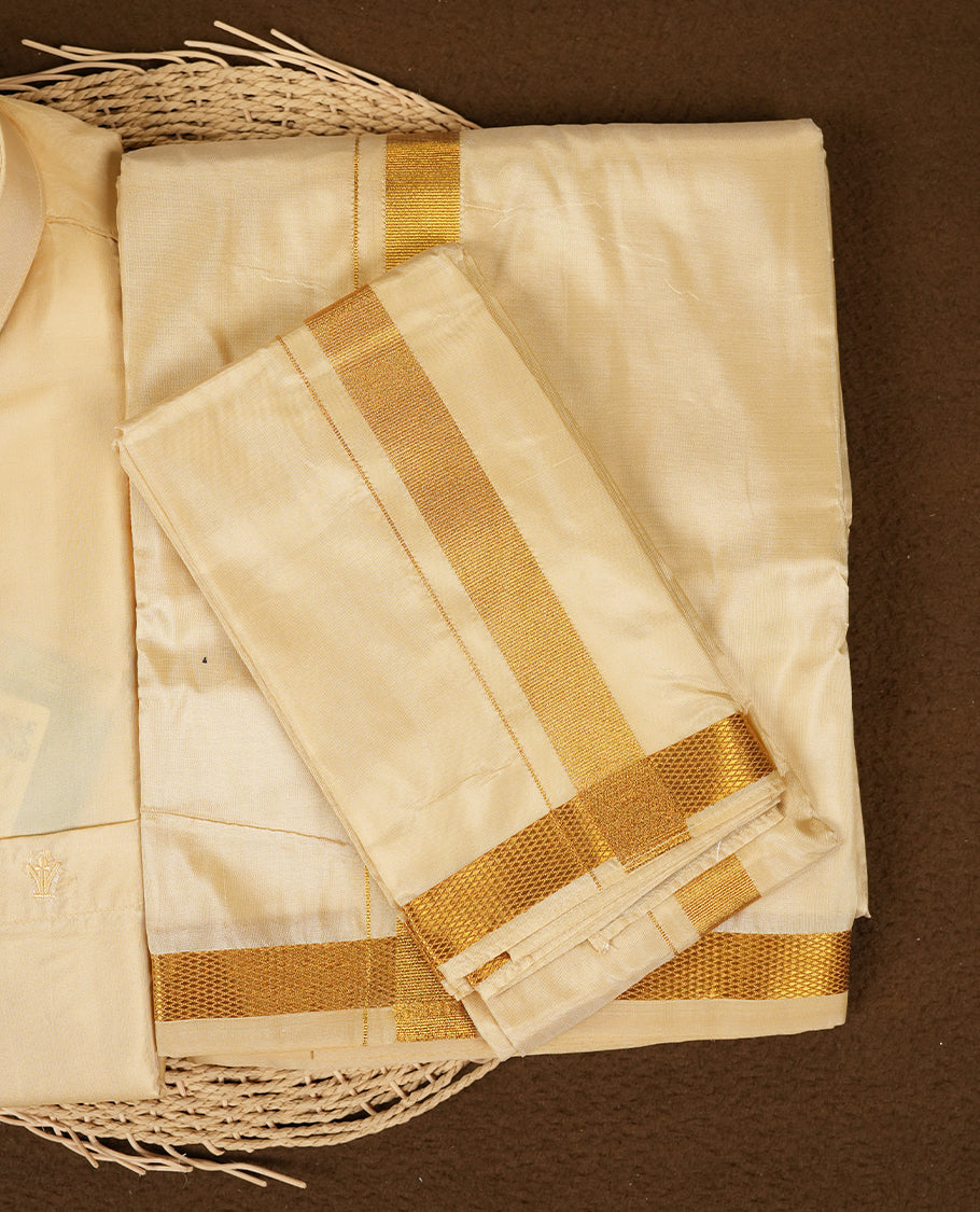 RAMRAJ Fresh Peach Colour shirt paired with a matching dhoti and towel, all elegantly finished with a gold border.
