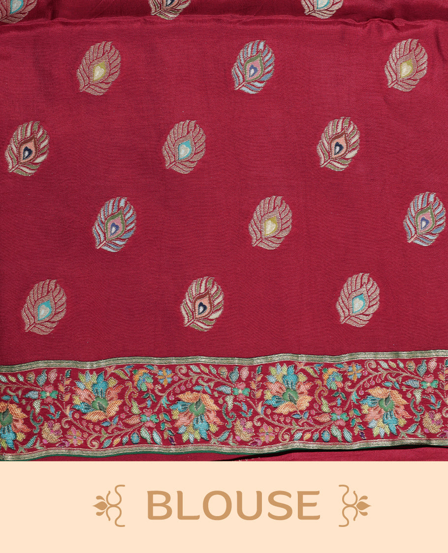 Black colour pashmina saree featuring Multi colour floral kodi & peacock leaf patterned border and pallu, paired with matching blouse piece.