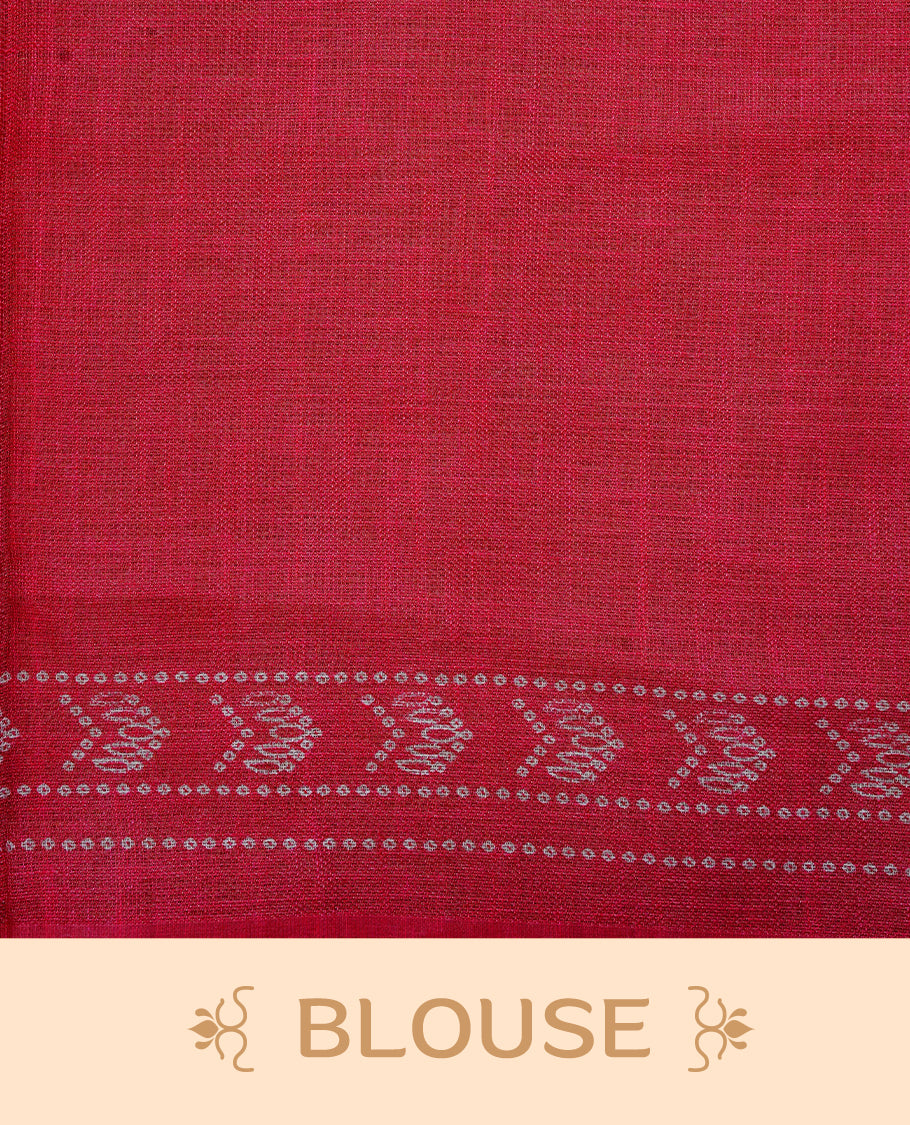 Cream colour semi linen saree featuring Pink Ajrakh pattern print on body, complemented by contrast Red colour with same pattern print border, comes with matching blouse piece.