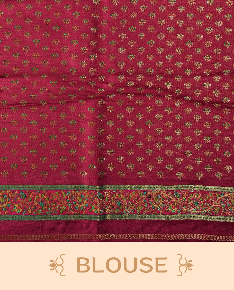 Mustard Pashmina Silk Saree with Plain Body, Featuring Exquisite Multicolor Elephant, Peacock, and Floral Motifs on Rich Pink-Green Zari Border & Grand Pallu, Paired with Matching Blouse Piece