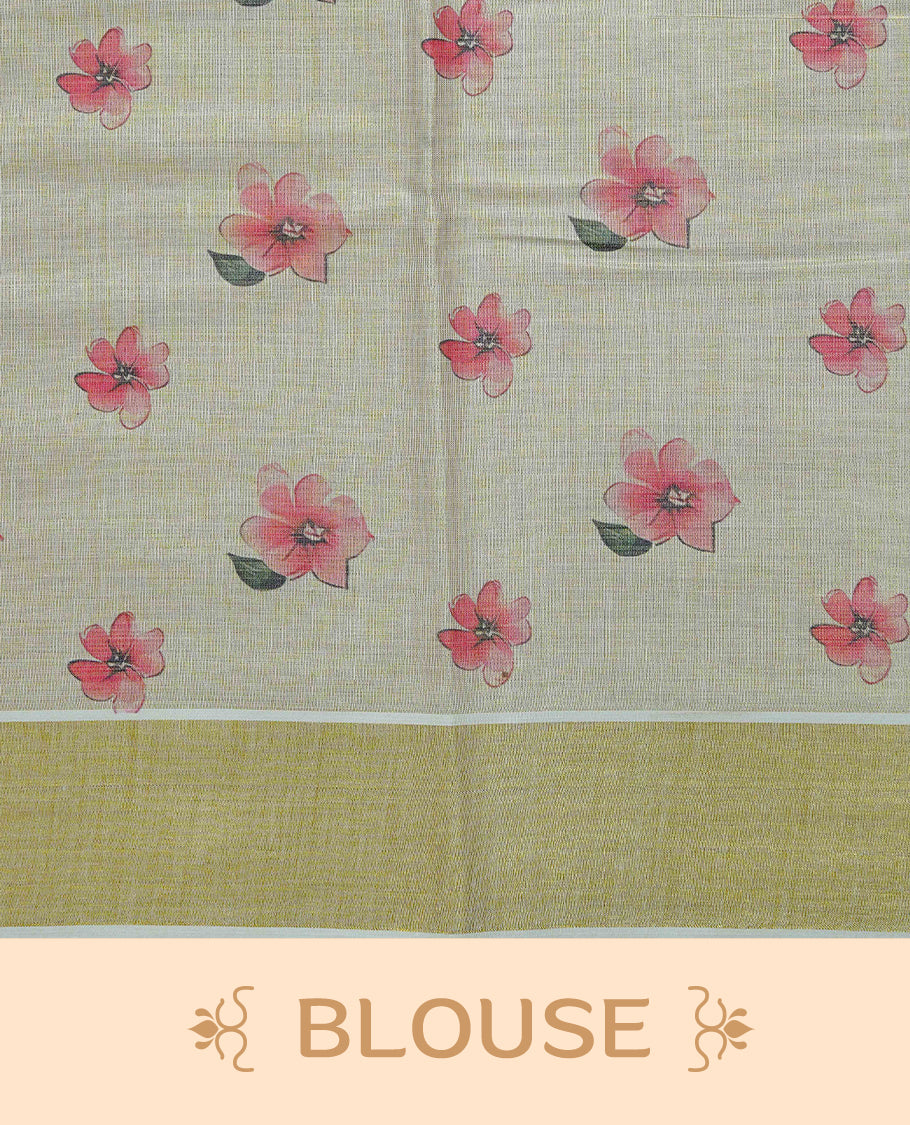 Cream colour Tissue kerala saree featuring Floral print on body, complemented by Floral Print & kasavu kara, comes with matching blouse piece.