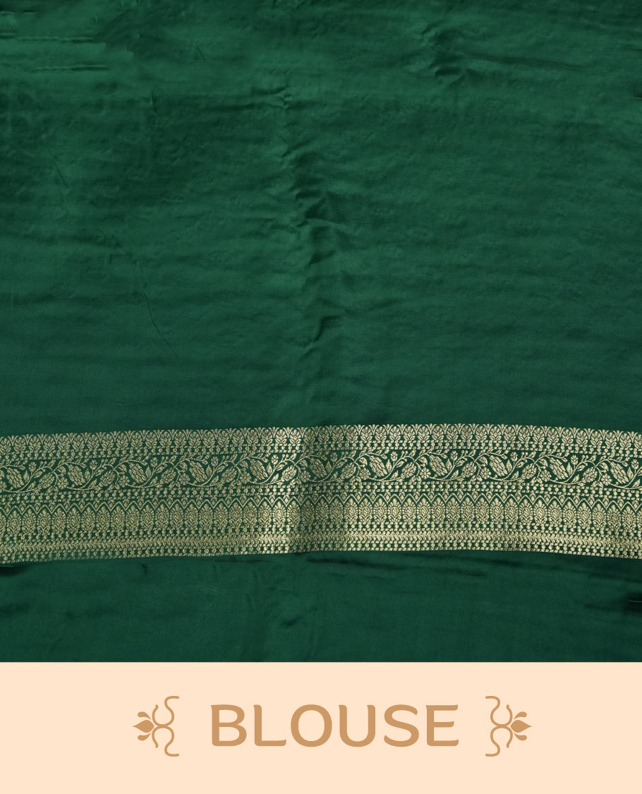 Green Colour semi Banaras satin crepe saree with Gold Zari Leaf Motifs, Traditional Dark Green Border, Elaborate Woven Pallu, Decorative Tassels with Matching Blouse