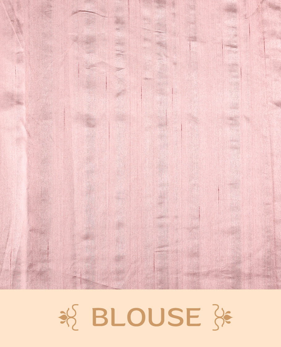 pink colour semi tussar saree featuring elegant white floral and leaf applique work along the body and border, paired with a matching blouse.