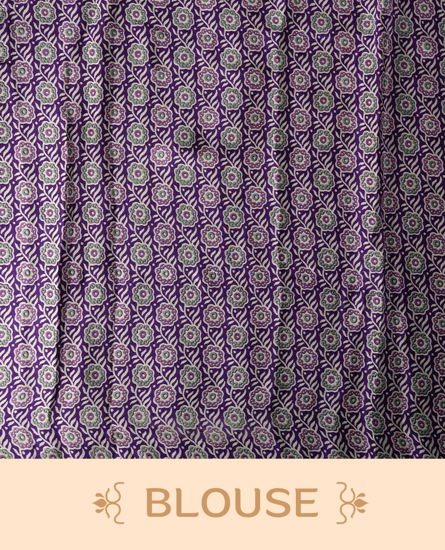 Purple and cream colour striped saree with intricate embroidered borders and bold round pallu motifs & Includes matching blouse piece.
